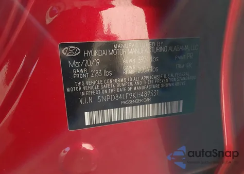 2019 Hyundai Elantra Sel z USA, uszkodzony, nr VIN 5NPD84LF9KH482331